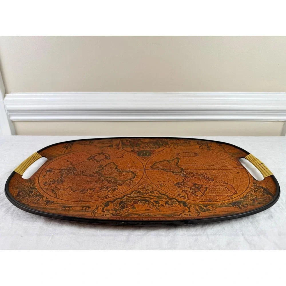 Vintage World Map Oval Serving Tray Orbis Geographica Wicker Handles 18.5 Inch